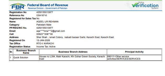 Quick Solution FBR Registration Certificate
